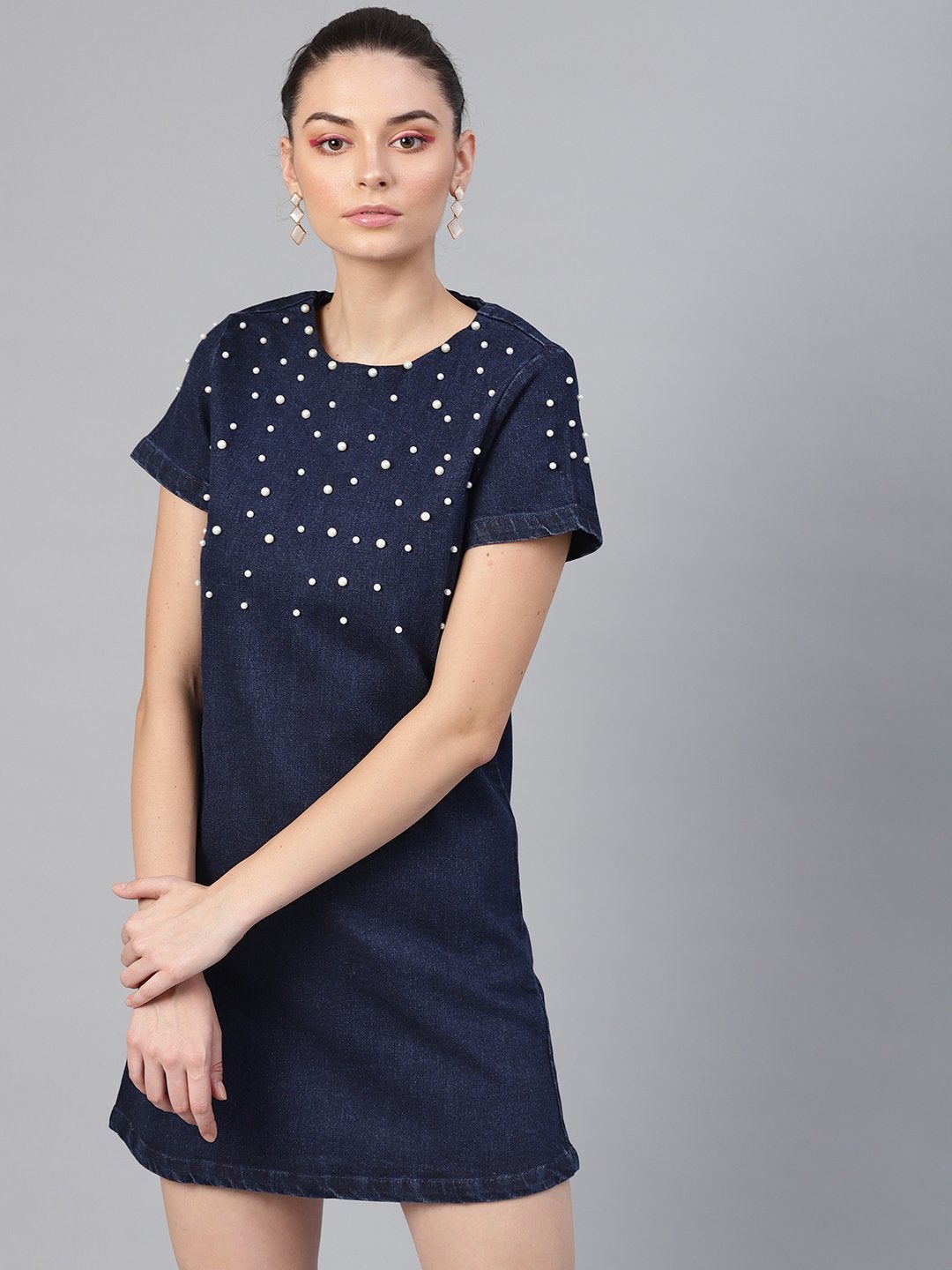 Women's Navy Denim Pearl Studded Dress - SASSAFRAS