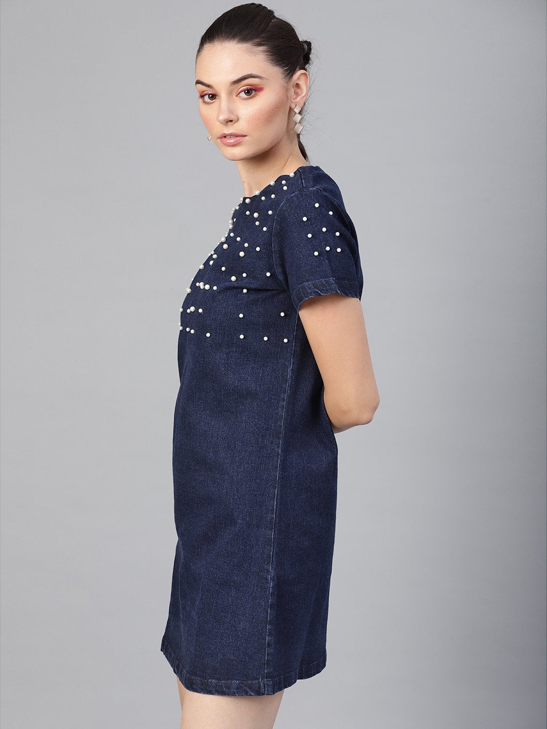 Women's Navy Denim Pearl Studded Dress - SASSAFRAS