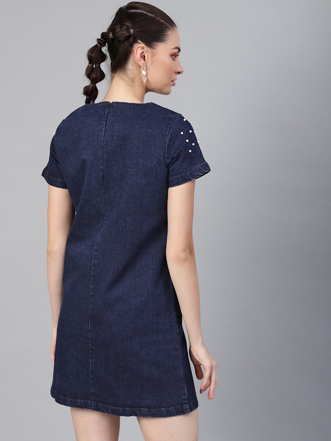 Women's Navy Denim Pearl Studded Dress - SASSAFRAS