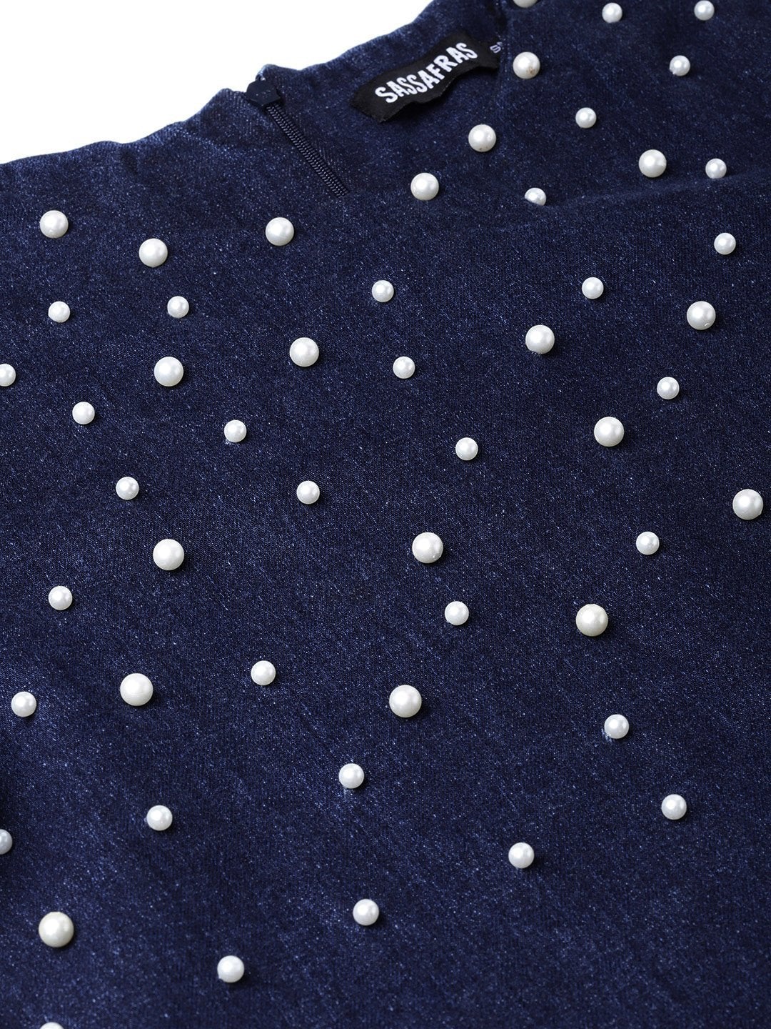 Women's Navy Denim Pearl Studded Dress - SASSAFRAS