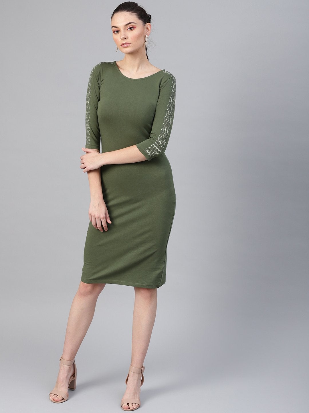 Women's Olive Studded Bodycon Dress - SASSAFRAS