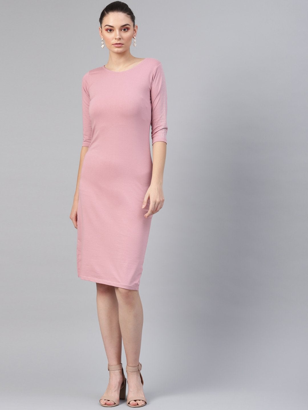 Women's Baked Pink Studded Bodycon Dress - SASSAFRAS