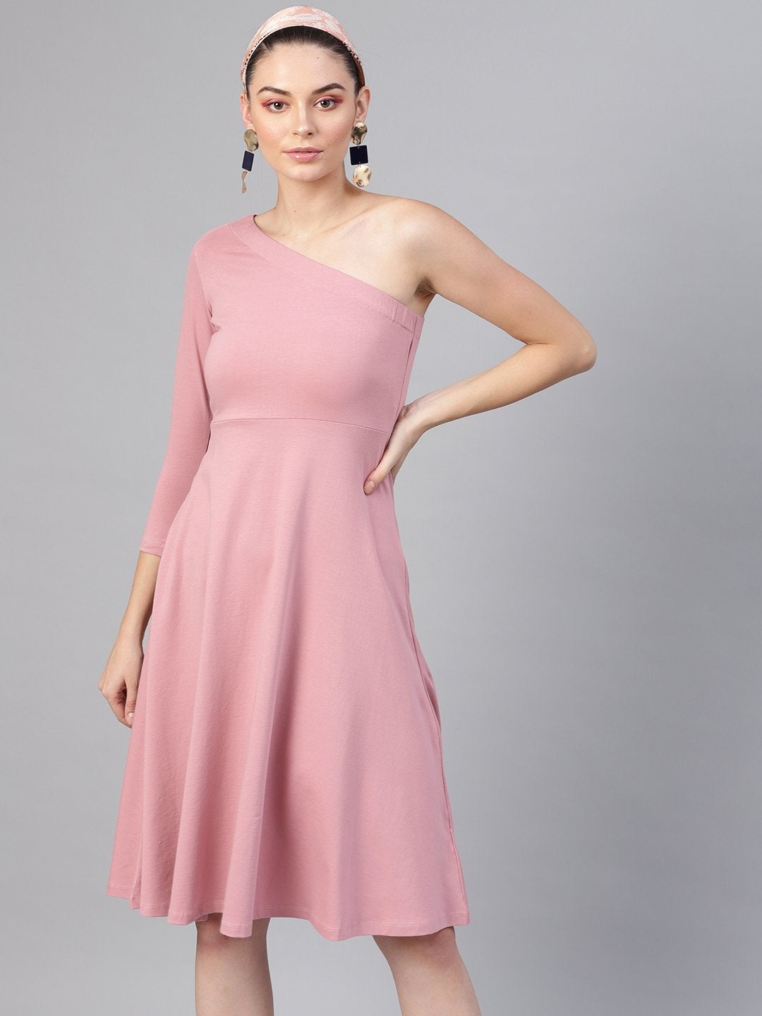 Women's Baked Pink One Shoulder Skater Midi Dress - SASSAFRAS