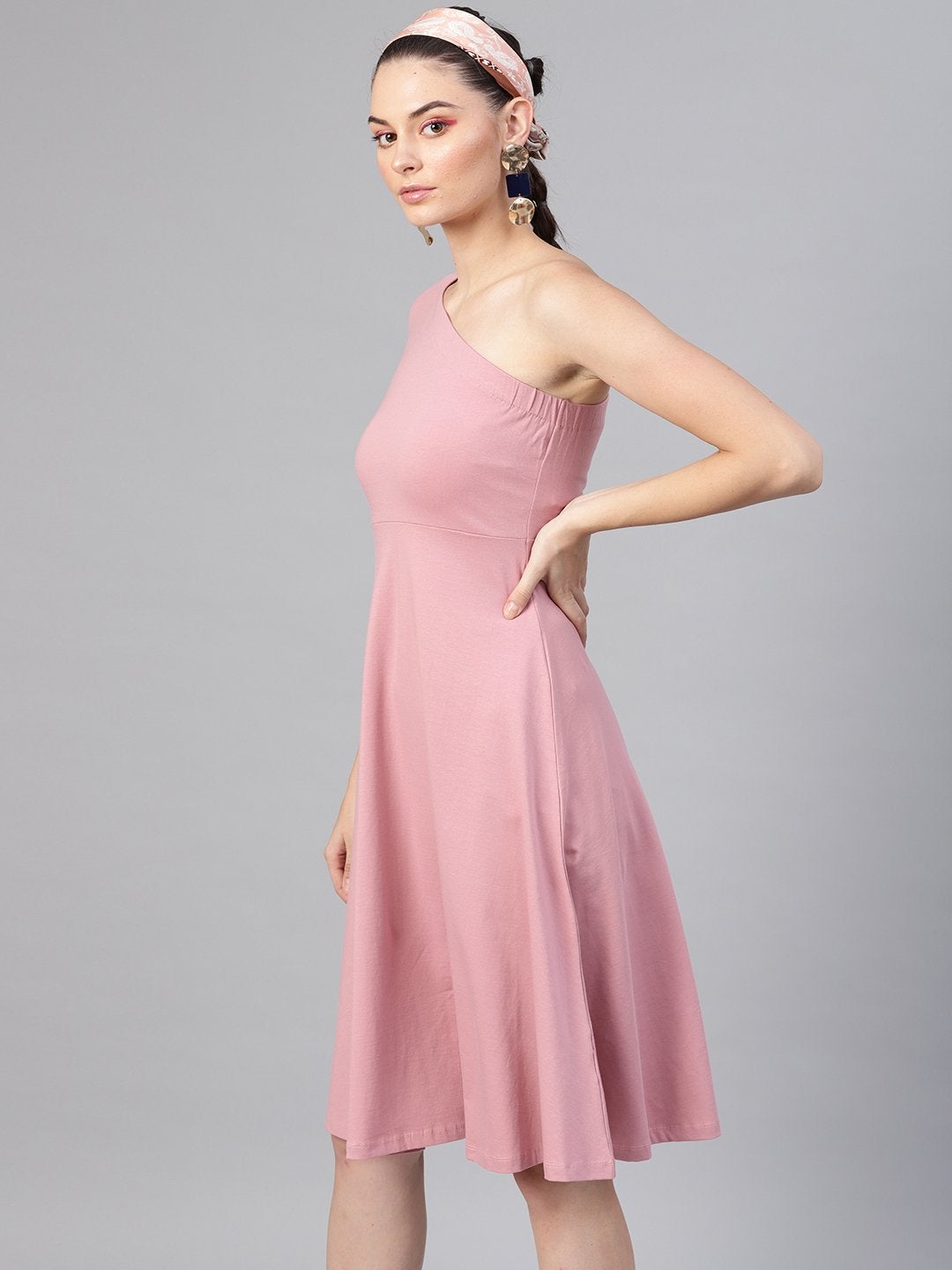 Women's Baked Pink One Shoulder Skater Midi Dress - SASSAFRAS