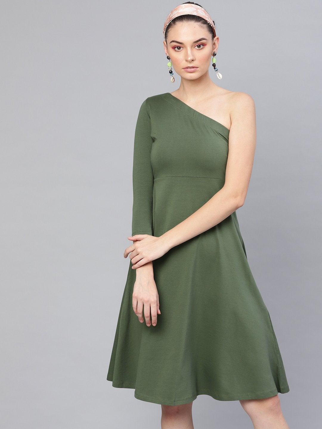 Women's Olive One Shoulder Skater Midi Dress - SASSAFRAS