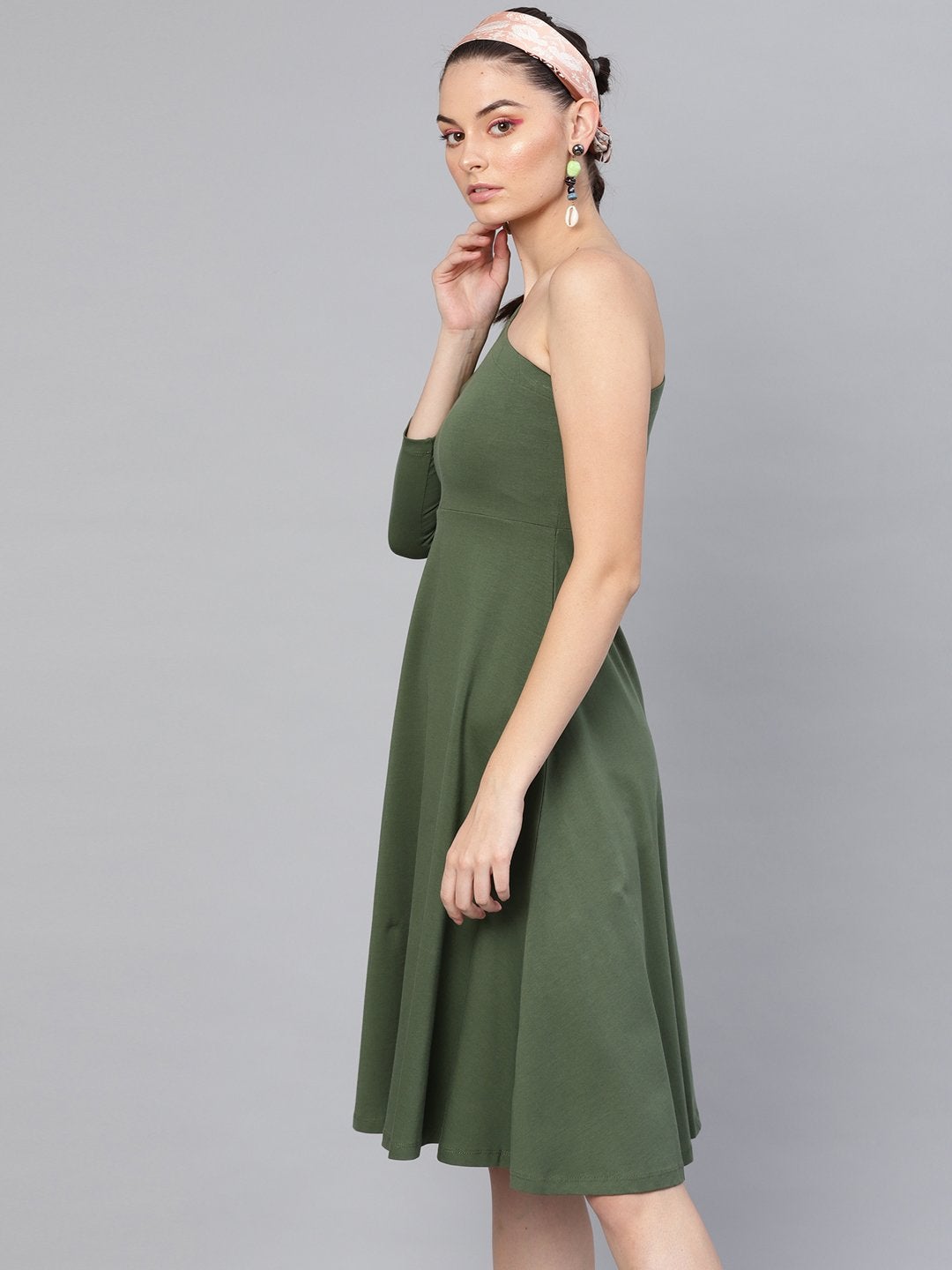 Women's Olive One Shoulder Skater Midi Dress - SASSAFRAS