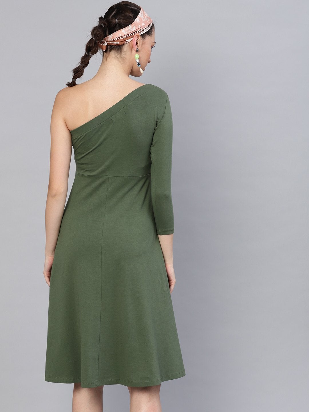 Women's Olive One Shoulder Skater Midi Dress - SASSAFRAS