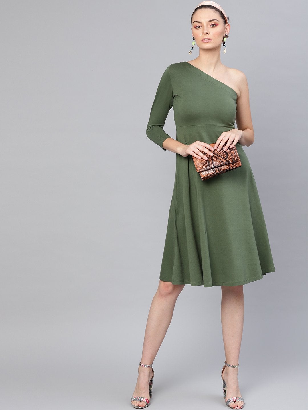 Women's Olive One Shoulder Skater Midi Dress - SASSAFRAS