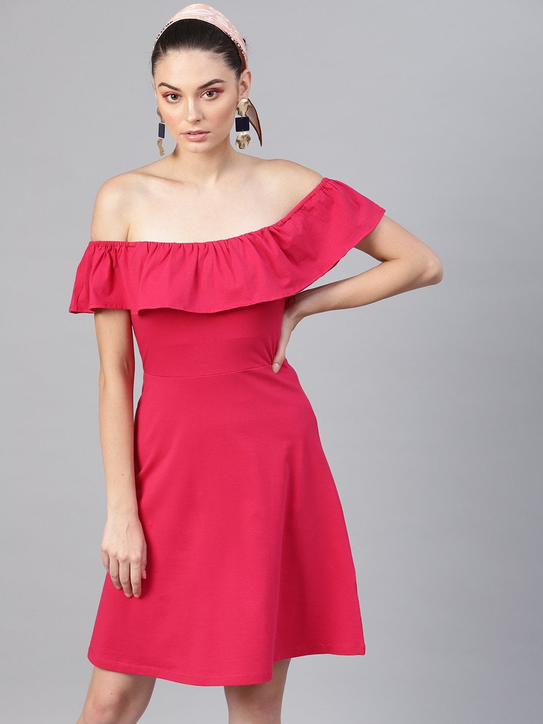 Women's Fuchsia Off Shoulder Skater Midi Dress - SASSAFRAS