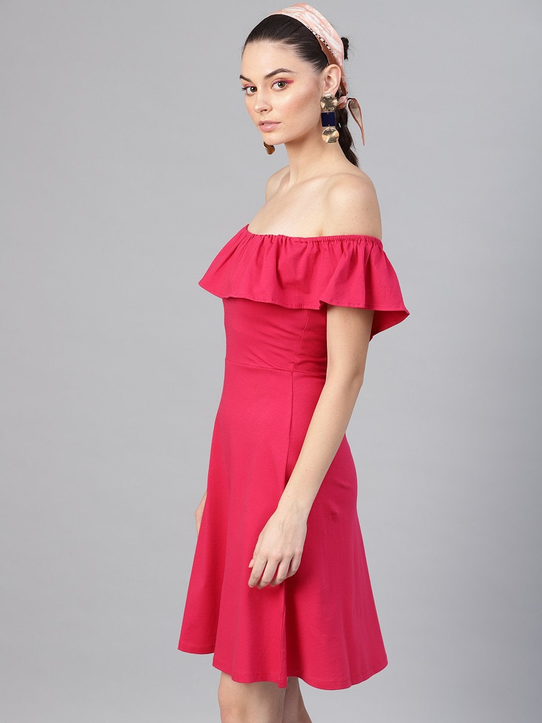 Women's Fuchsia Off Shoulder Skater Midi Dress - SASSAFRAS