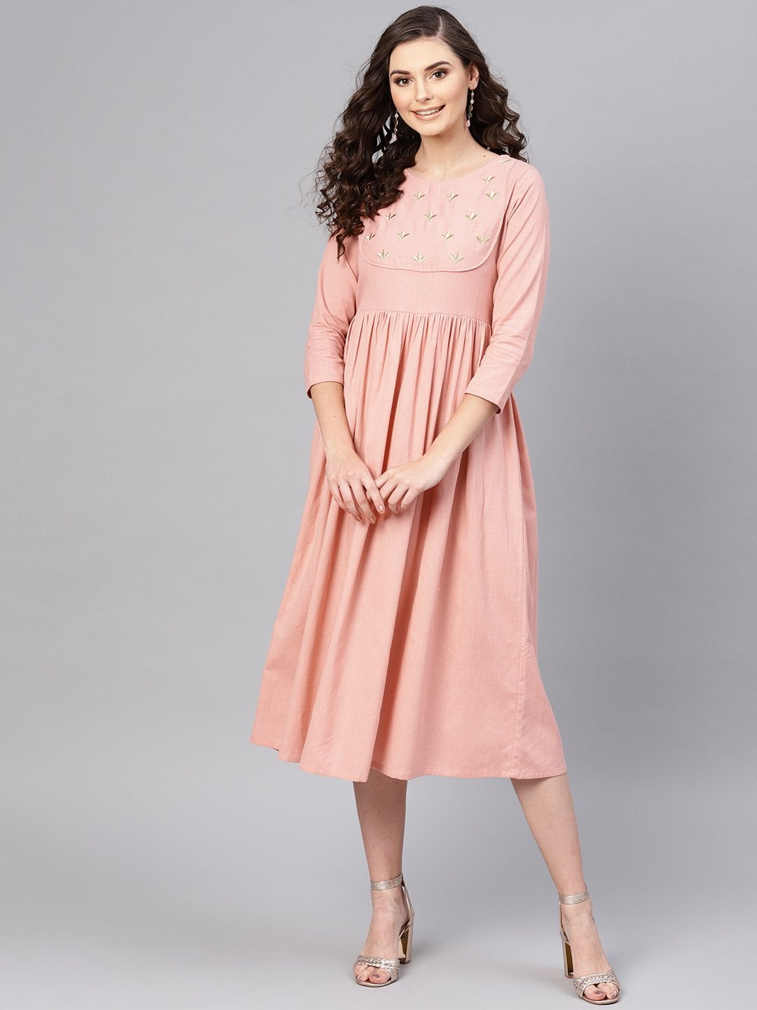 Women's Pink Yoke Embroidered Gathered Dress - SASSAFRAS