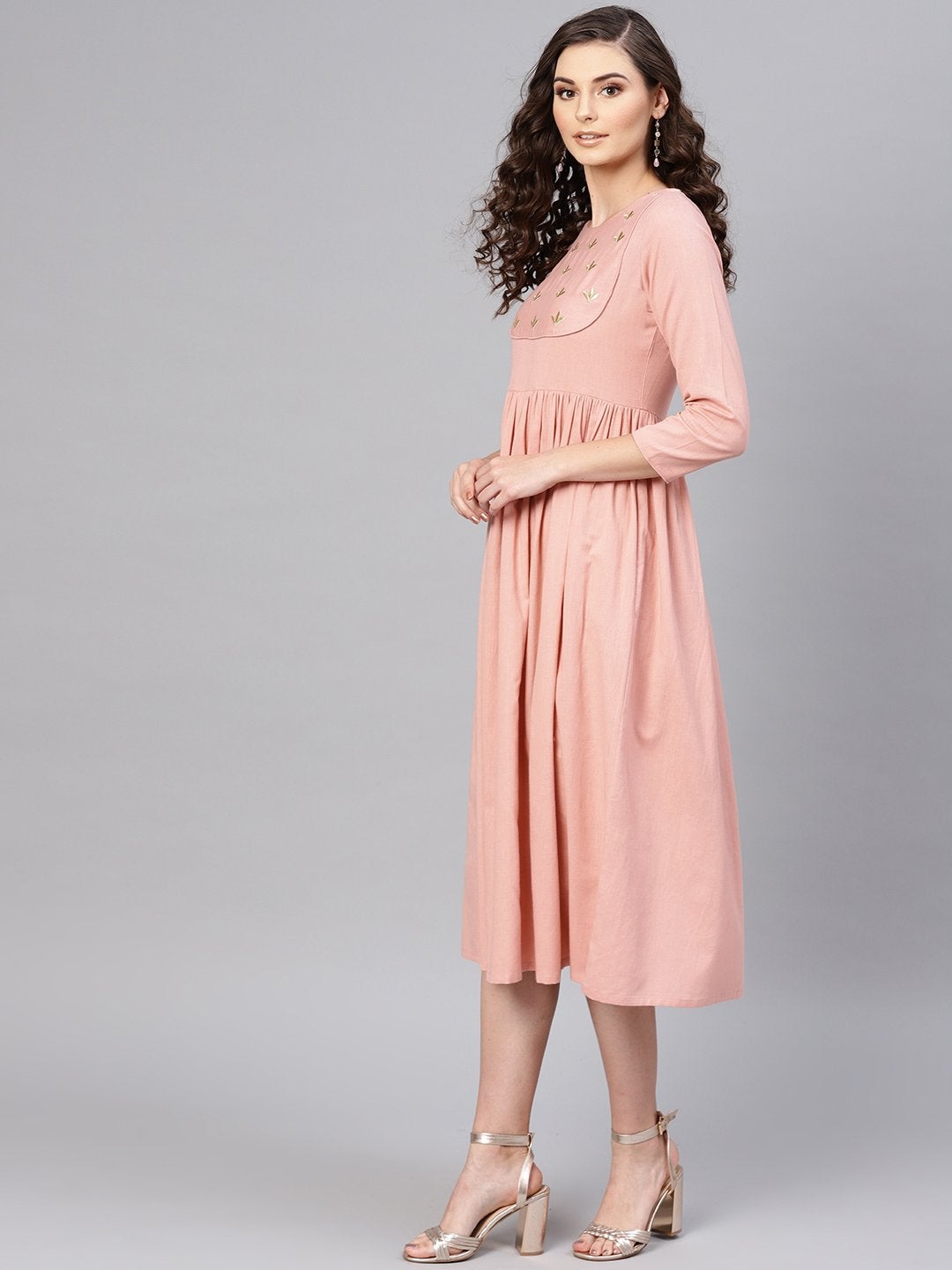 Women's Pink Yoke Embroidered Gathered Dress - SASSAFRAS