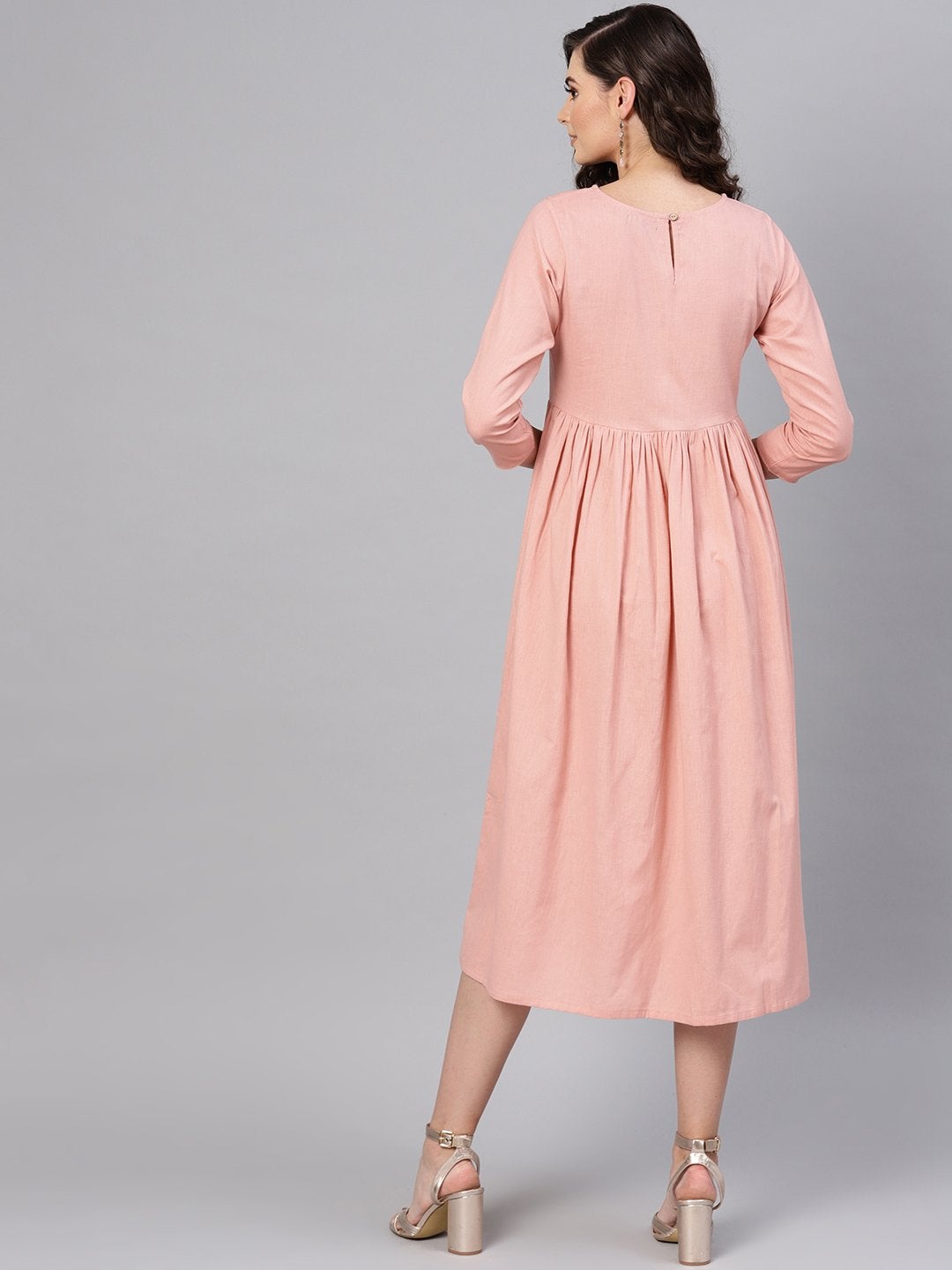 Women's Pink Yoke Embroidered Gathered Dress - SASSAFRAS