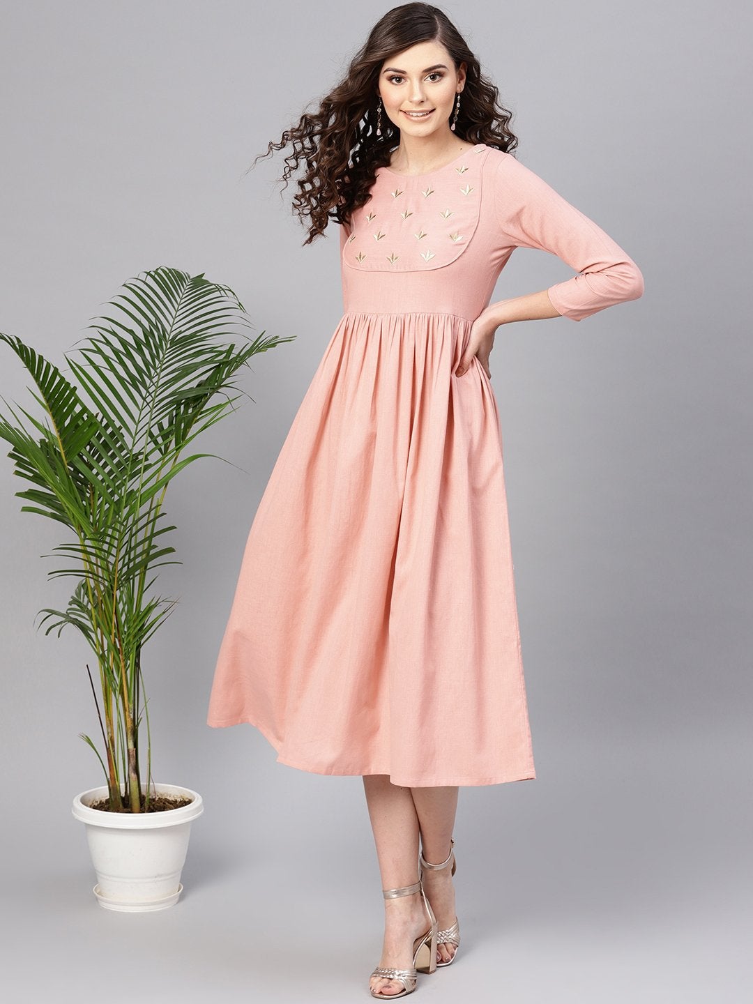 Women's Pink Yoke Embroidered Gathered Dress - SASSAFRAS