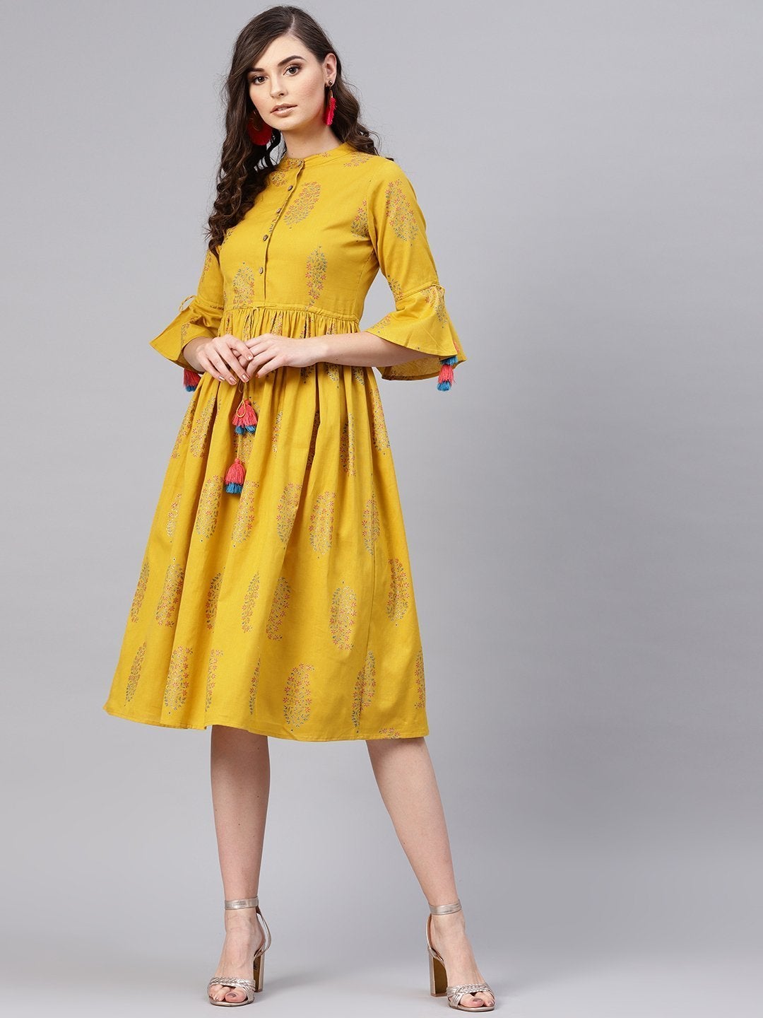 Women's Mustard Paisely Drawstring Dress - SASSAFRAS