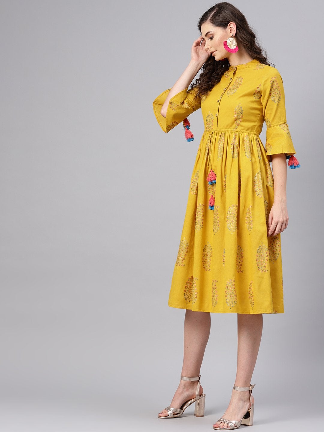 Women's Mustard Paisely Drawstring Dress - SASSAFRAS