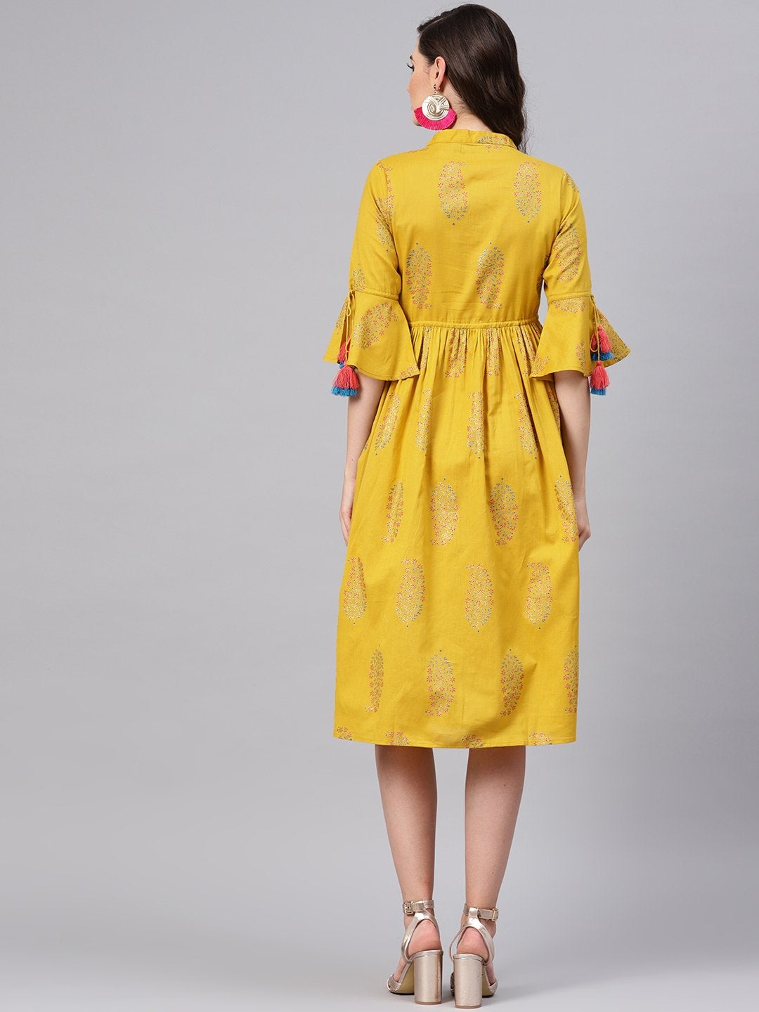 Women's Mustard Paisely Drawstring Dress - SASSAFRAS