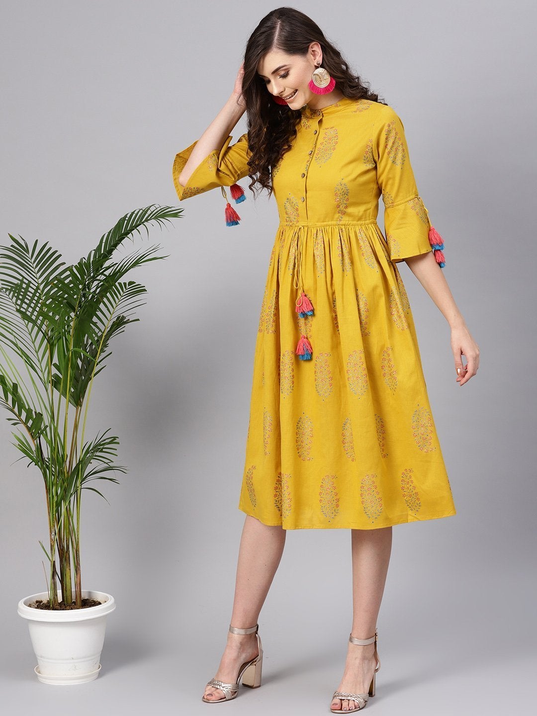 Women's Mustard Paisely Drawstring Dress - SASSAFRAS