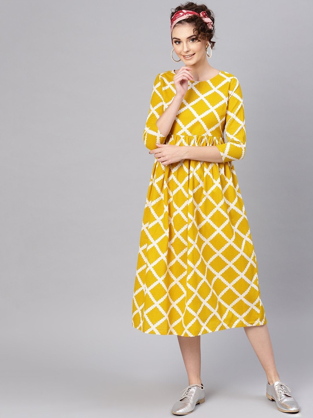 Women's Mustard Diamond Print Gathered Dress - SASSAFRAS