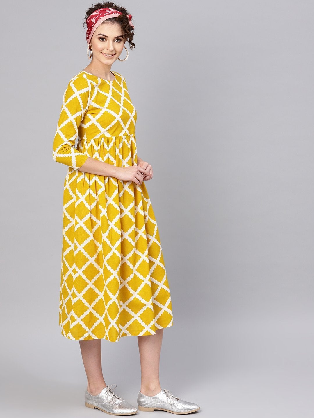 Women's Mustard Diamond Print Gathered Dress - SASSAFRAS