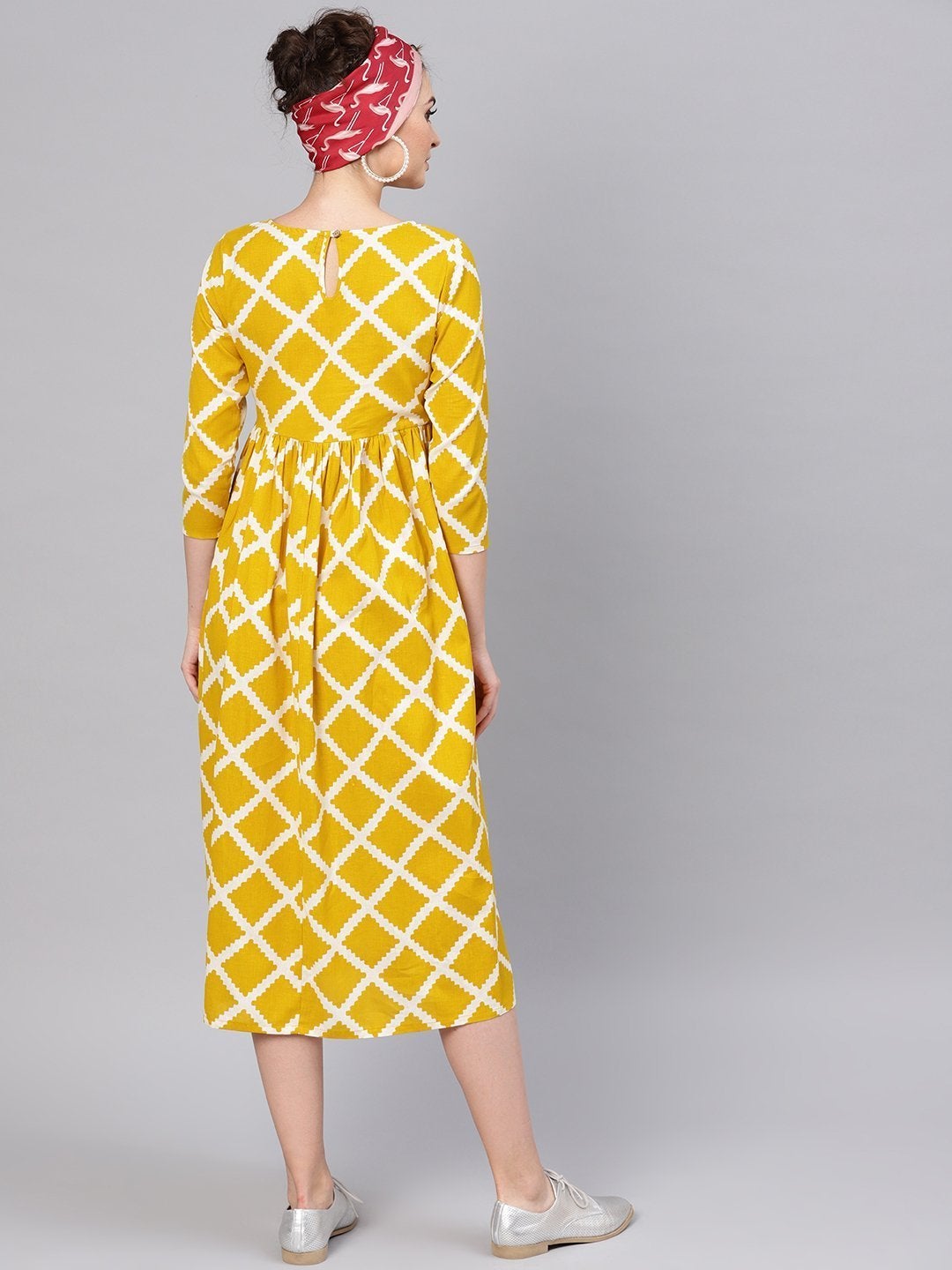 Women's Mustard Diamond Print Gathered Dress - SASSAFRAS