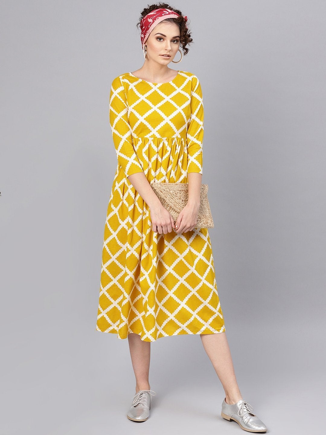 Women's Mustard Diamond Print Gathered Dress - SASSAFRAS