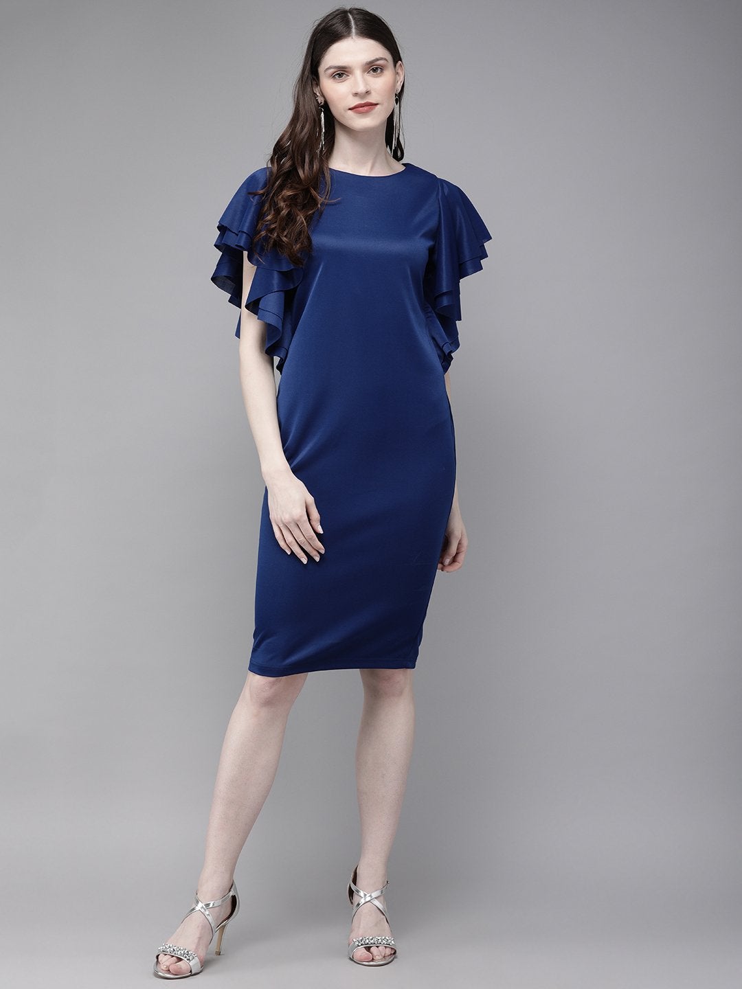 Women's Royal Blue Flared Sleeve Bodycon Scuba Dress - SASSAFRAS