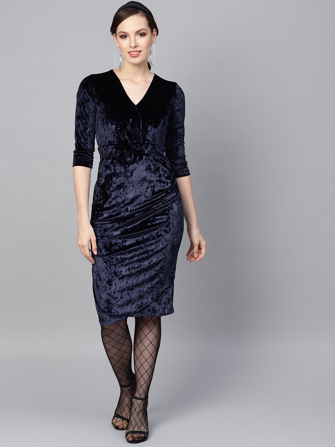 Women's Navy Velvet Wrap Bodycon Dress - SASSAFRAS