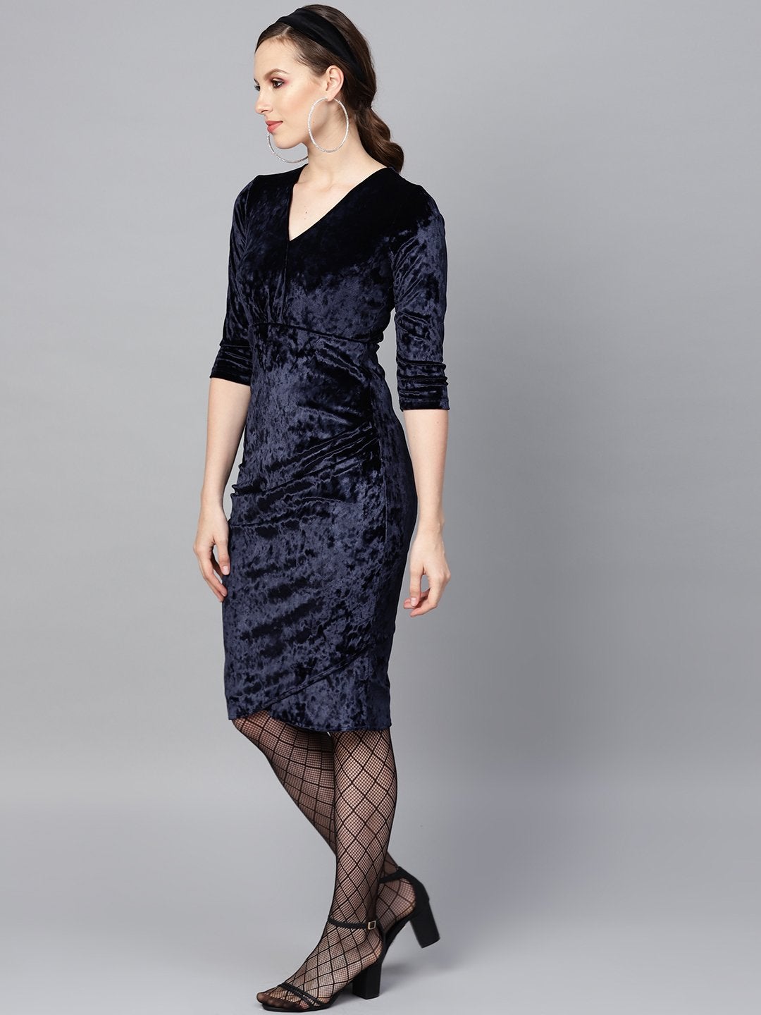 Women's Navy Velvet Wrap Bodycon Dress - SASSAFRAS