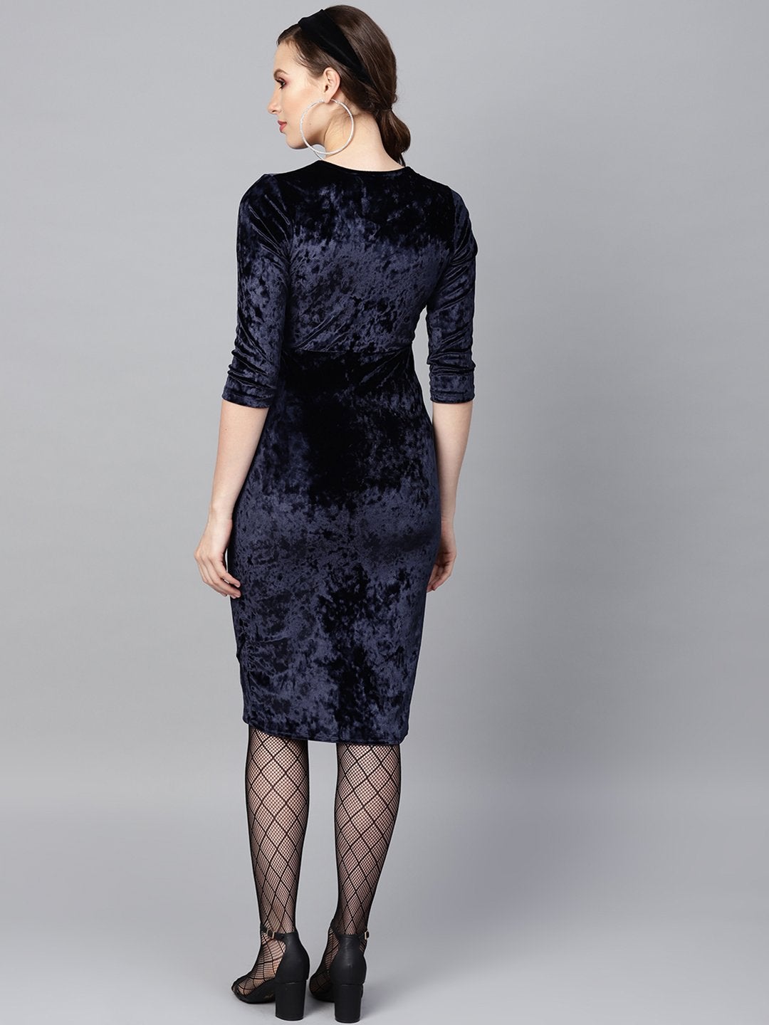 Women's Navy Velvet Wrap Bodycon Dress - SASSAFRAS