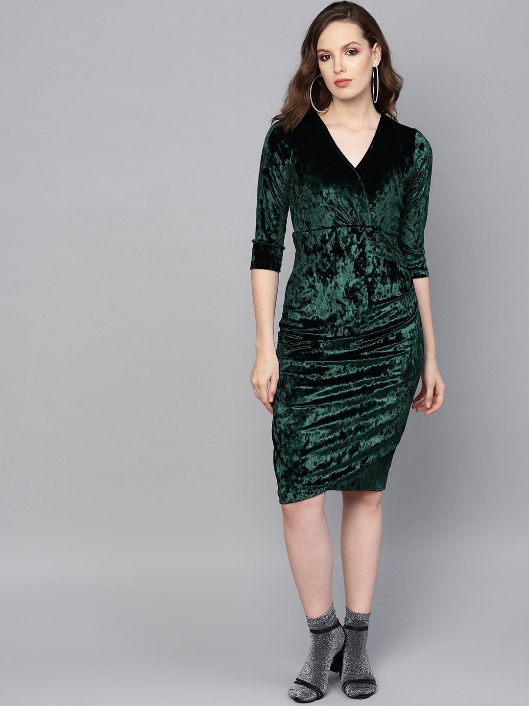 Women's Emerald Green Velvet Wrap Bodycon Dress - SASSAFRAS