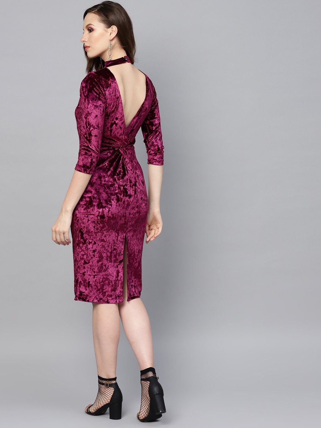 Women's Purple Velvet Back Knot Bodycon Dress - SASSAFRAS