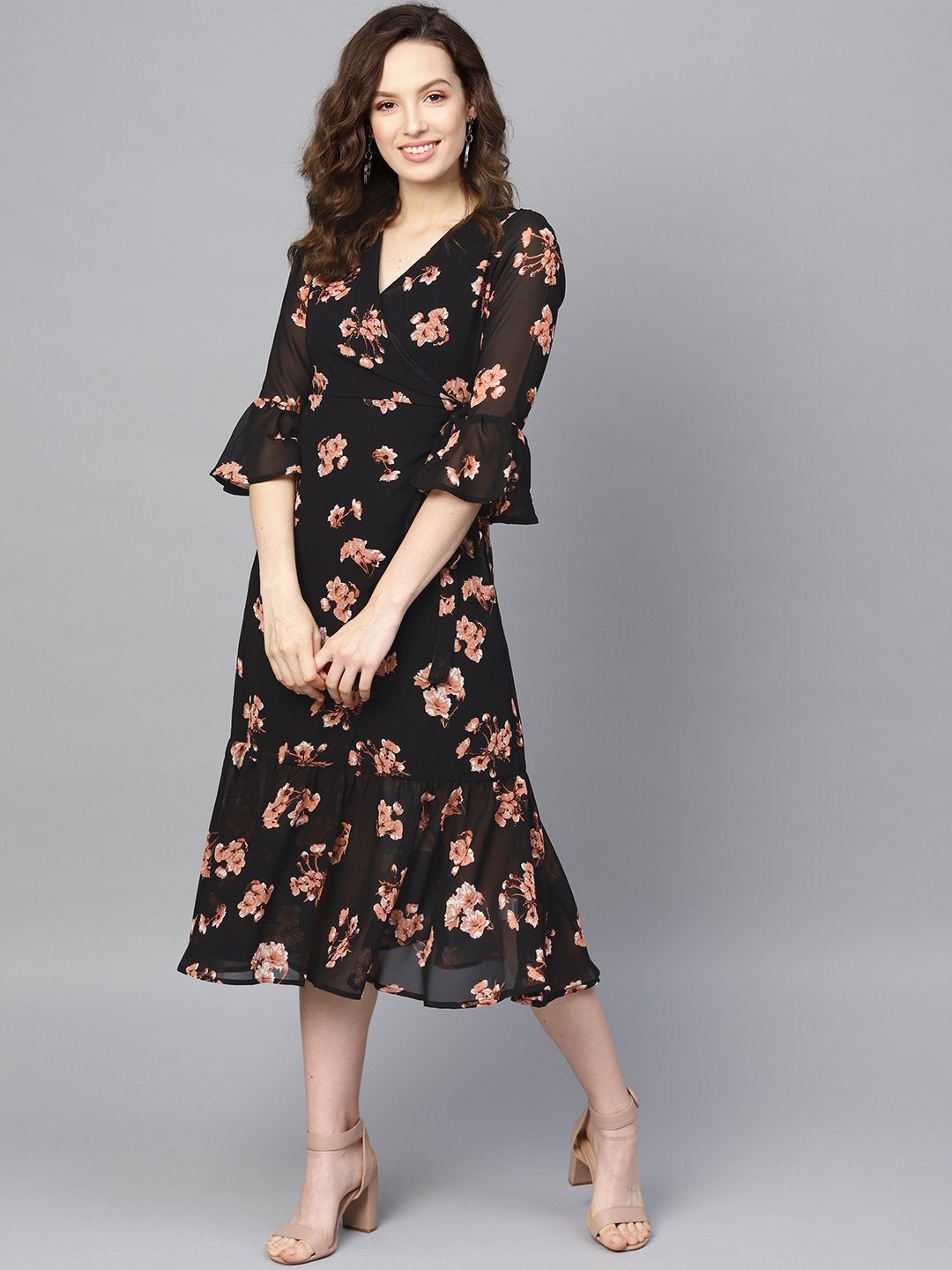 Women's Black Floral Wrap Tie Dress