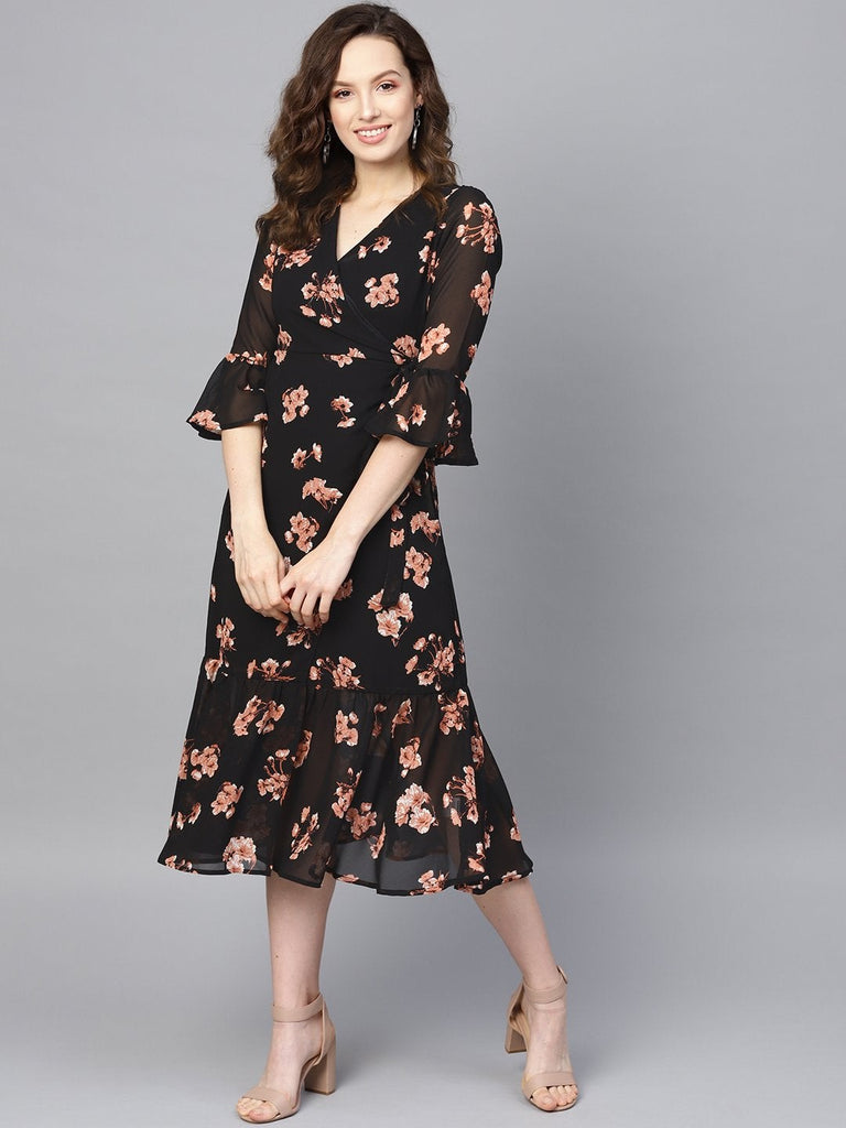 Women's Black Floral Wrap Tie Dress