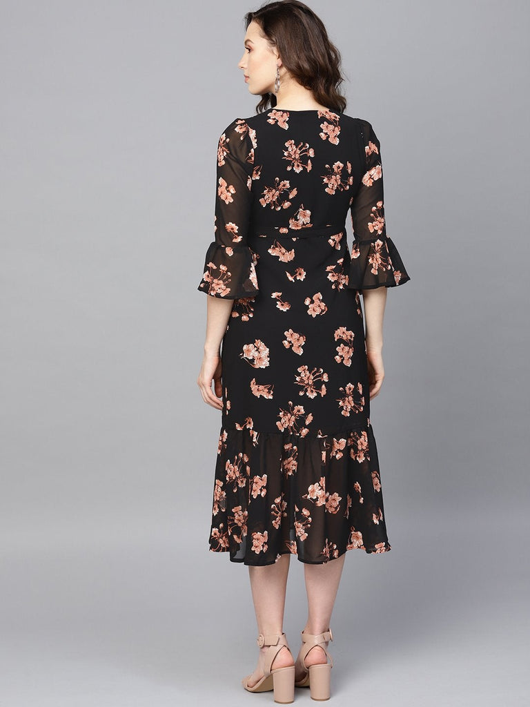 Women's Black Floral Wrap Tie Dress