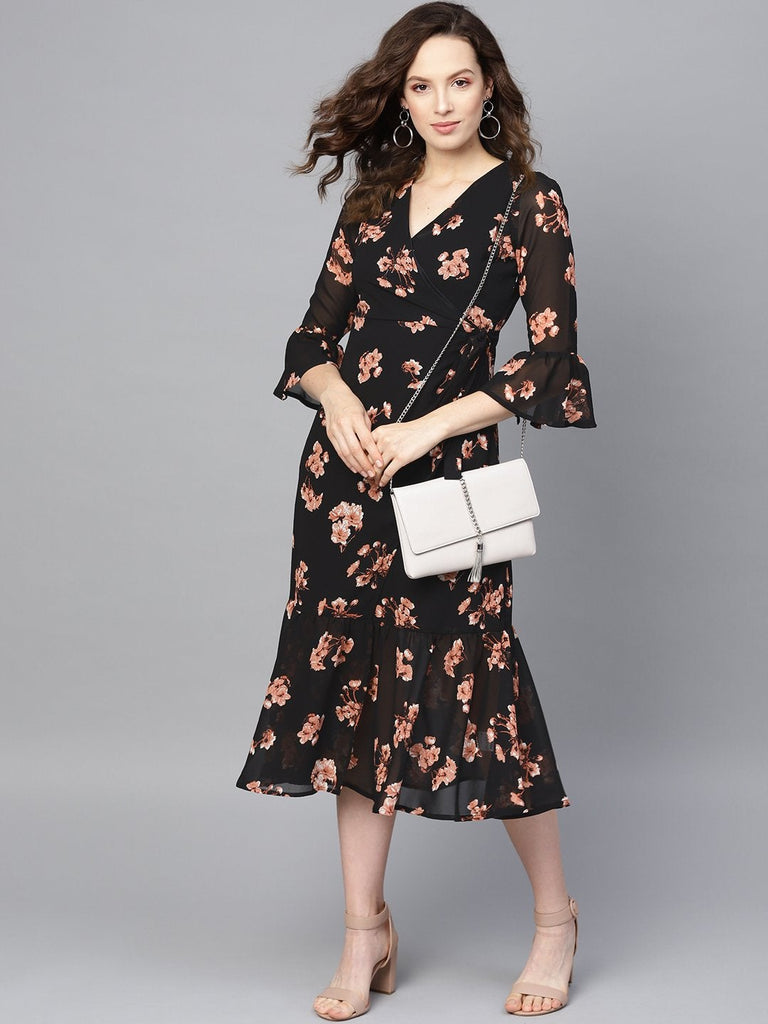 Women's Black Floral Wrap Tie Dress