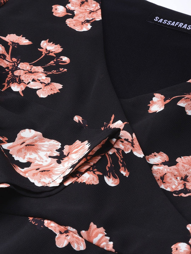 Women's Black Floral Wrap Tie Dress