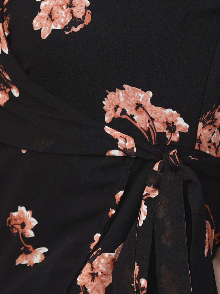 Women's Black Floral Wrap Tie Dress