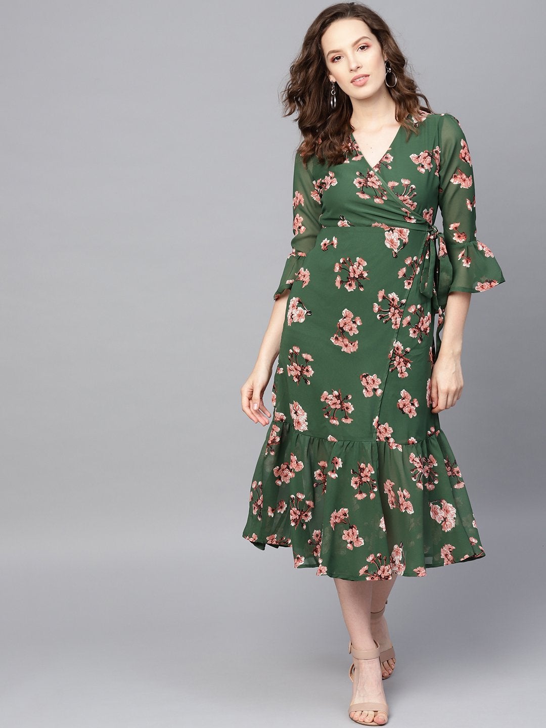 Women's Green Floral Wrap Tie Dress - SASSAFRAS