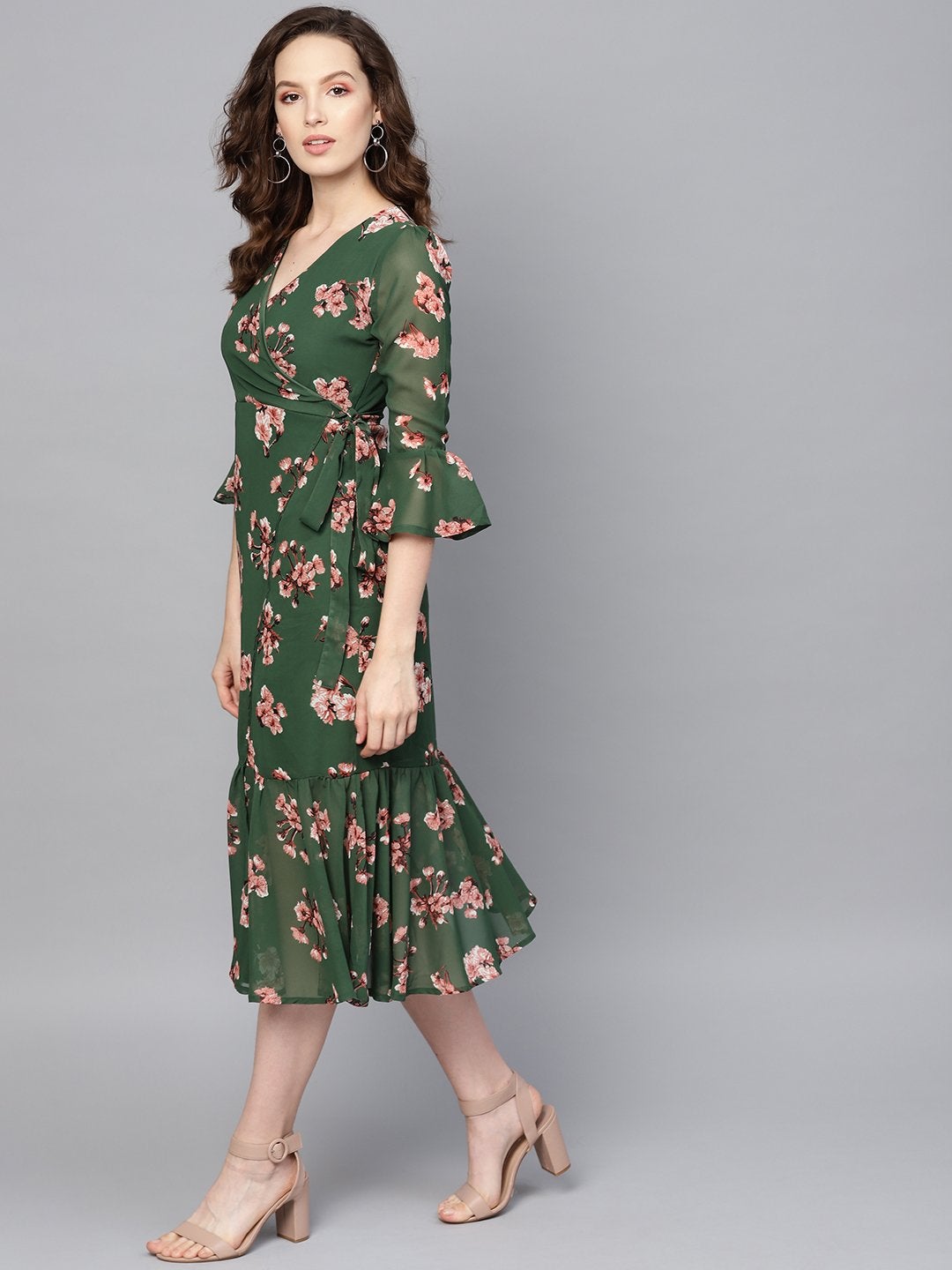 Women's Green Floral Wrap Tie Dress - SASSAFRAS