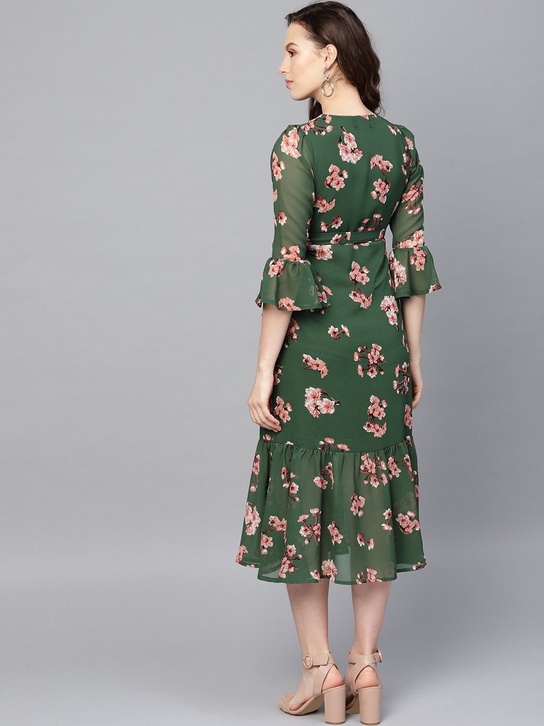 Women's Green Floral Wrap Tie Dress - SASSAFRAS