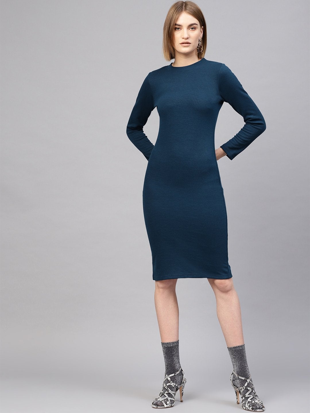 Women's Teal Rib Full Sleeves Bodycon Dress - SASSAFRAS