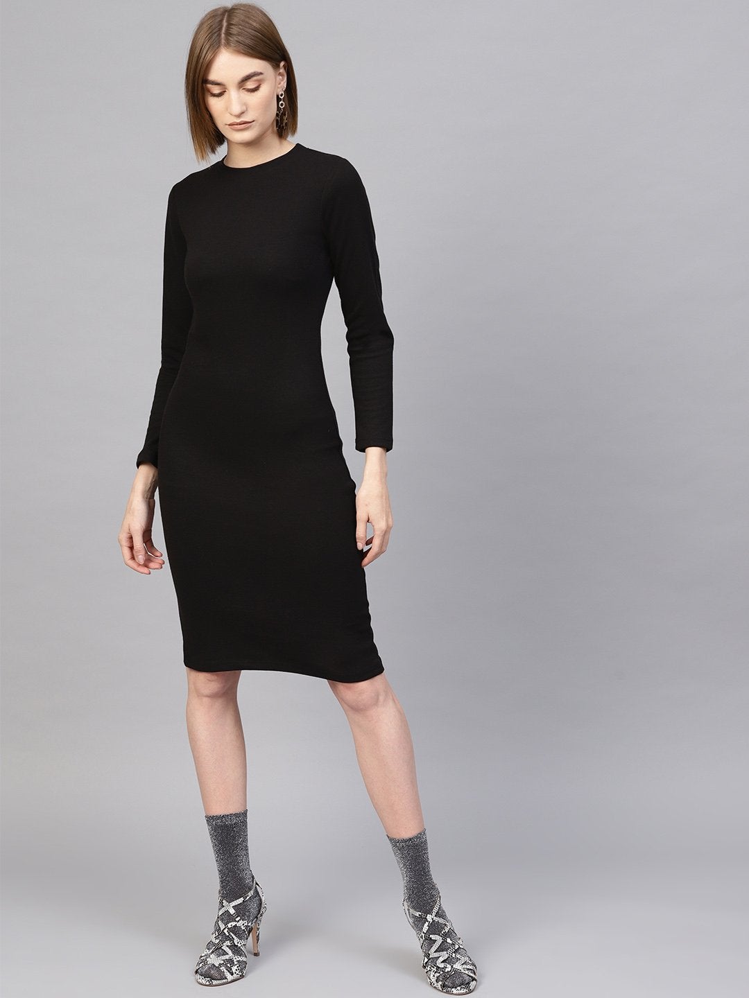 Women's Black Rib Full Sleeves Bodycon Dress - SASSAFRAS