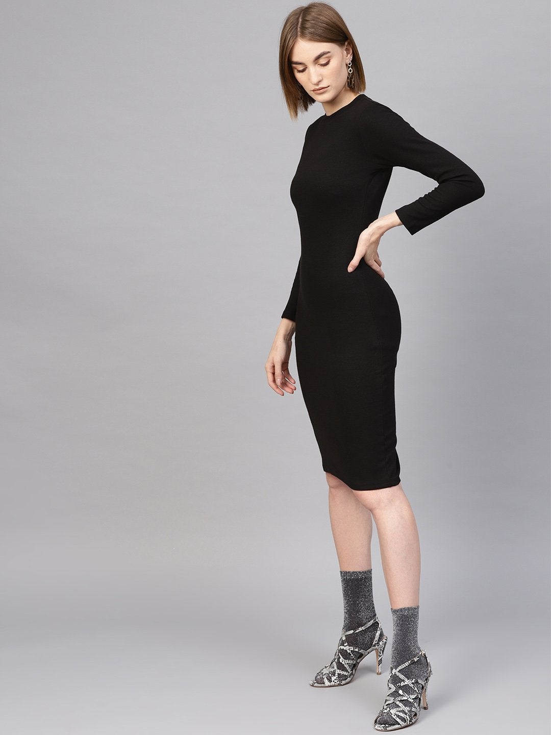 Women's Black Rib Full Sleeves Bodycon Dress - SASSAFRAS