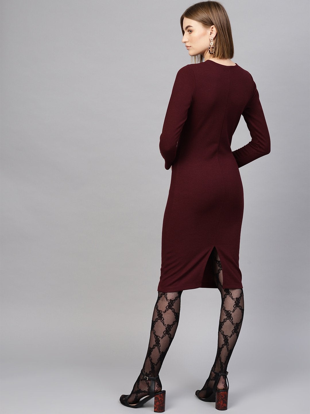 Women's Burgundy Rib Full Sleeves Bodycon Dress - SASSAFRAS