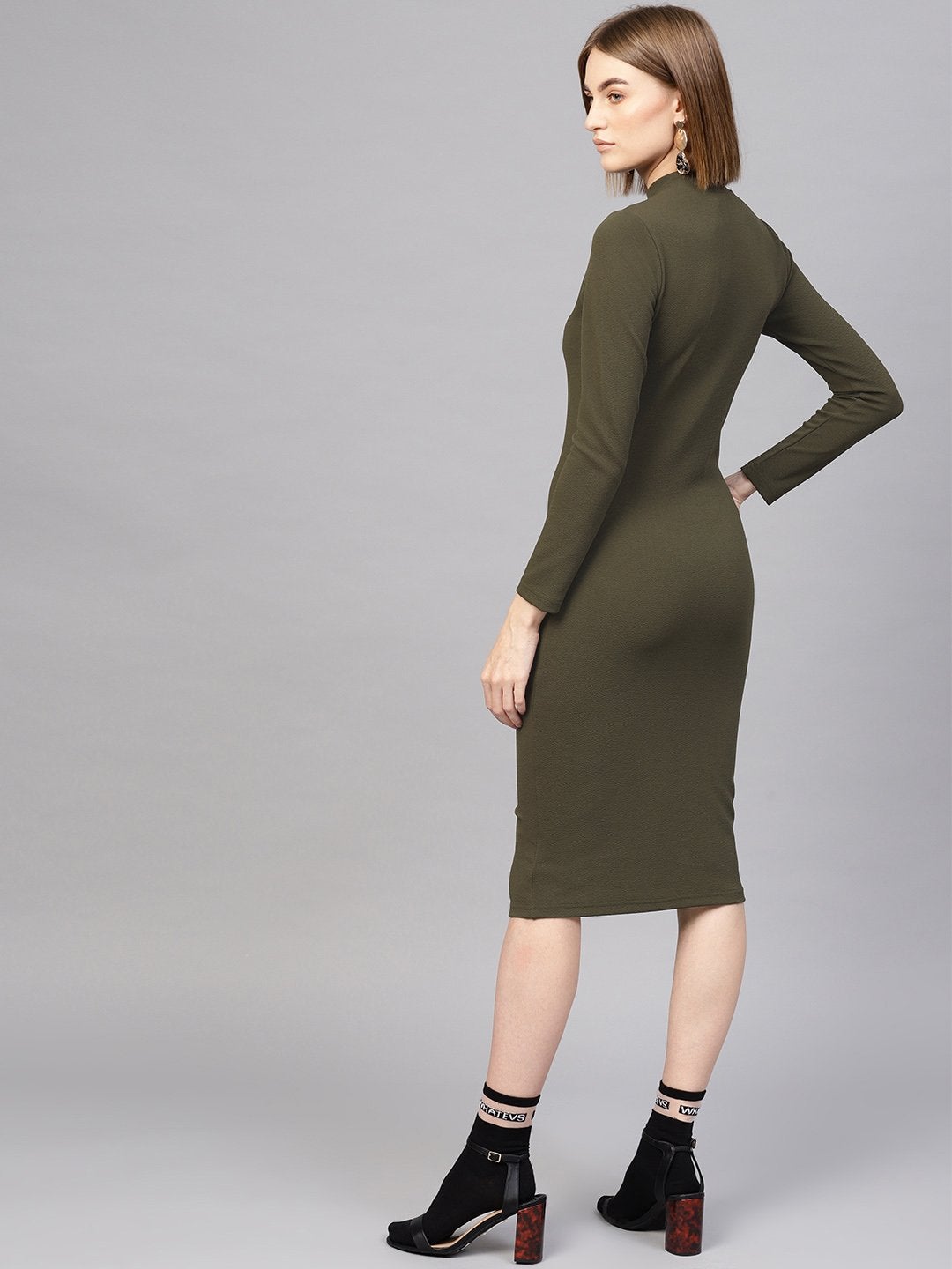 Women's Olive High Neck Bodycon Midi Dress - SASSAFRAS