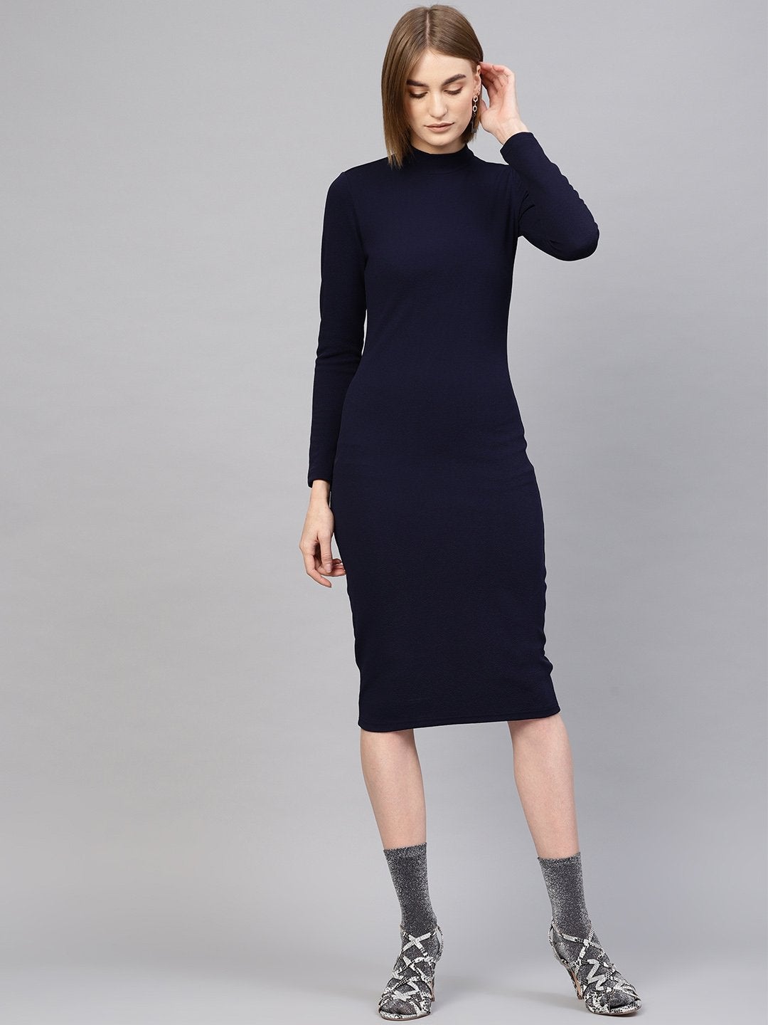 Buy Women'S Navy High Neck Bodycon Midi Dress - Sassafras-Fashion | Trendia XL