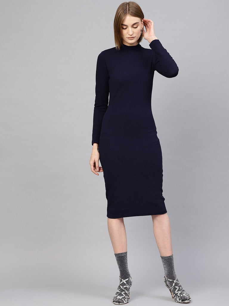 Women's Navy High Neck Bodycon Midi Dress