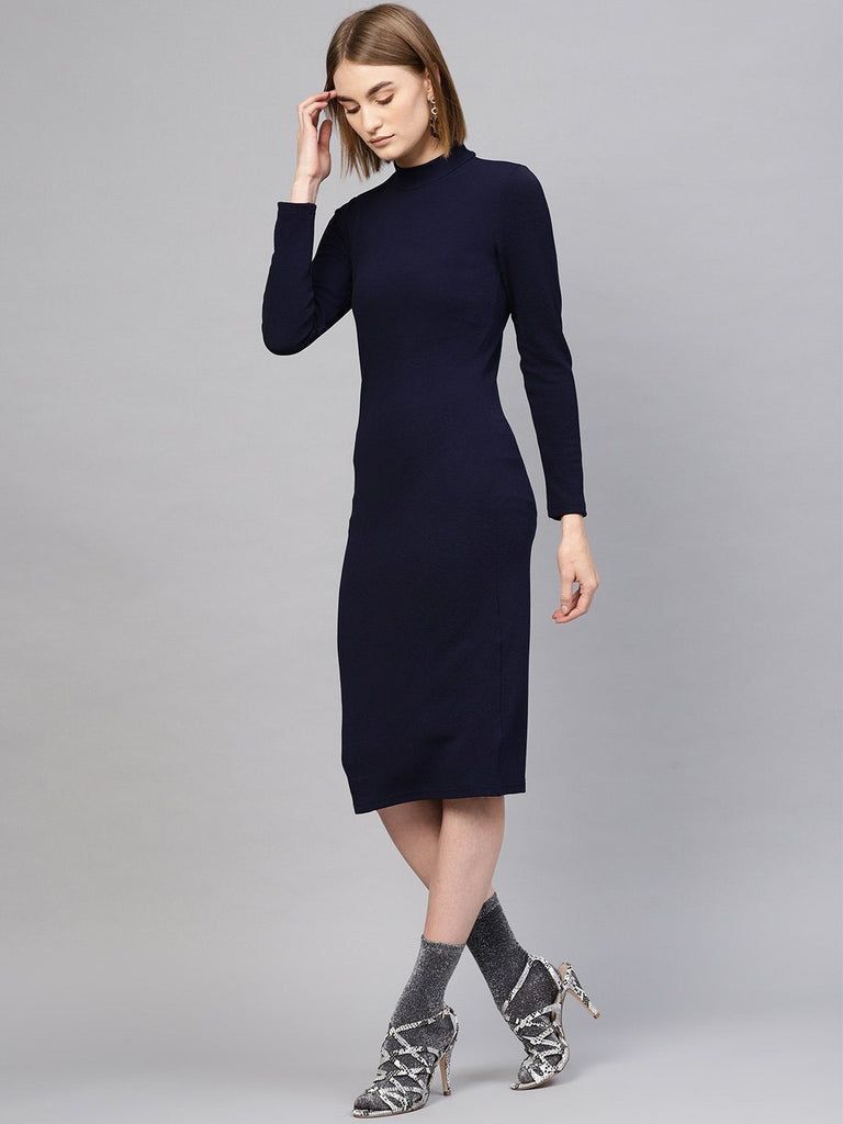 Women's Navy High Neck Bodycon Midi Dress