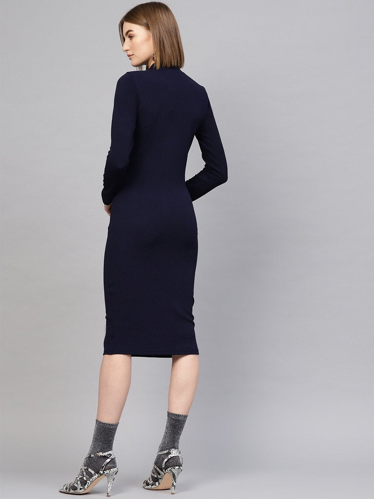 Women's Navy High Neck Bodycon Midi Dress